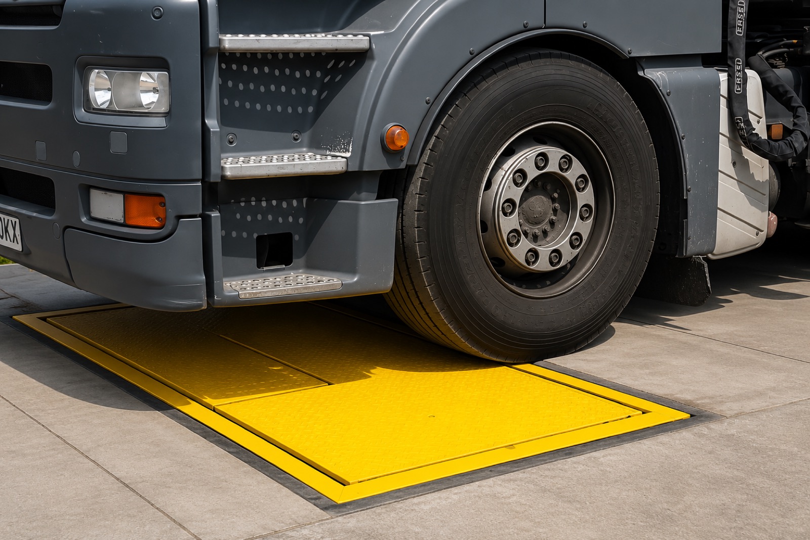 Truck wheel on an EMESS axle weighing pad